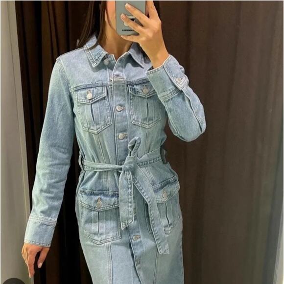 ZARA ZW DENIM DRESS WITH POCKETS - Picture 1 of 12